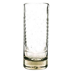 A tall glass with a leaf design on it on a white background.