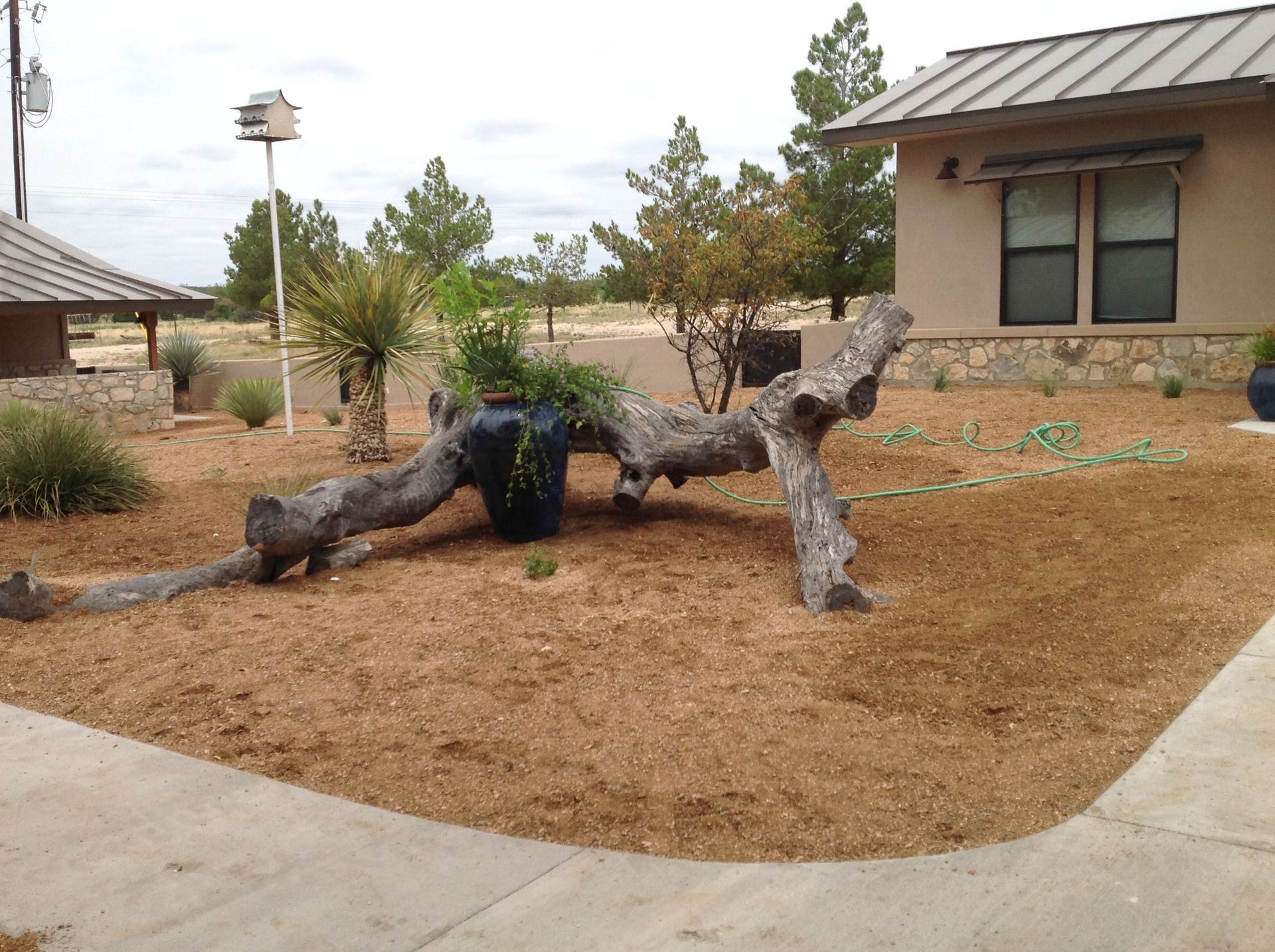 A large log is sitting in the middle of a garden in front of a house