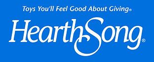 A blue hearthsong logo that says toys you 'll feel good about giving