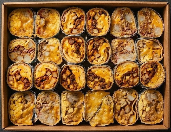 Box of assorted baked pastries with golden and brown tops arranged in rows