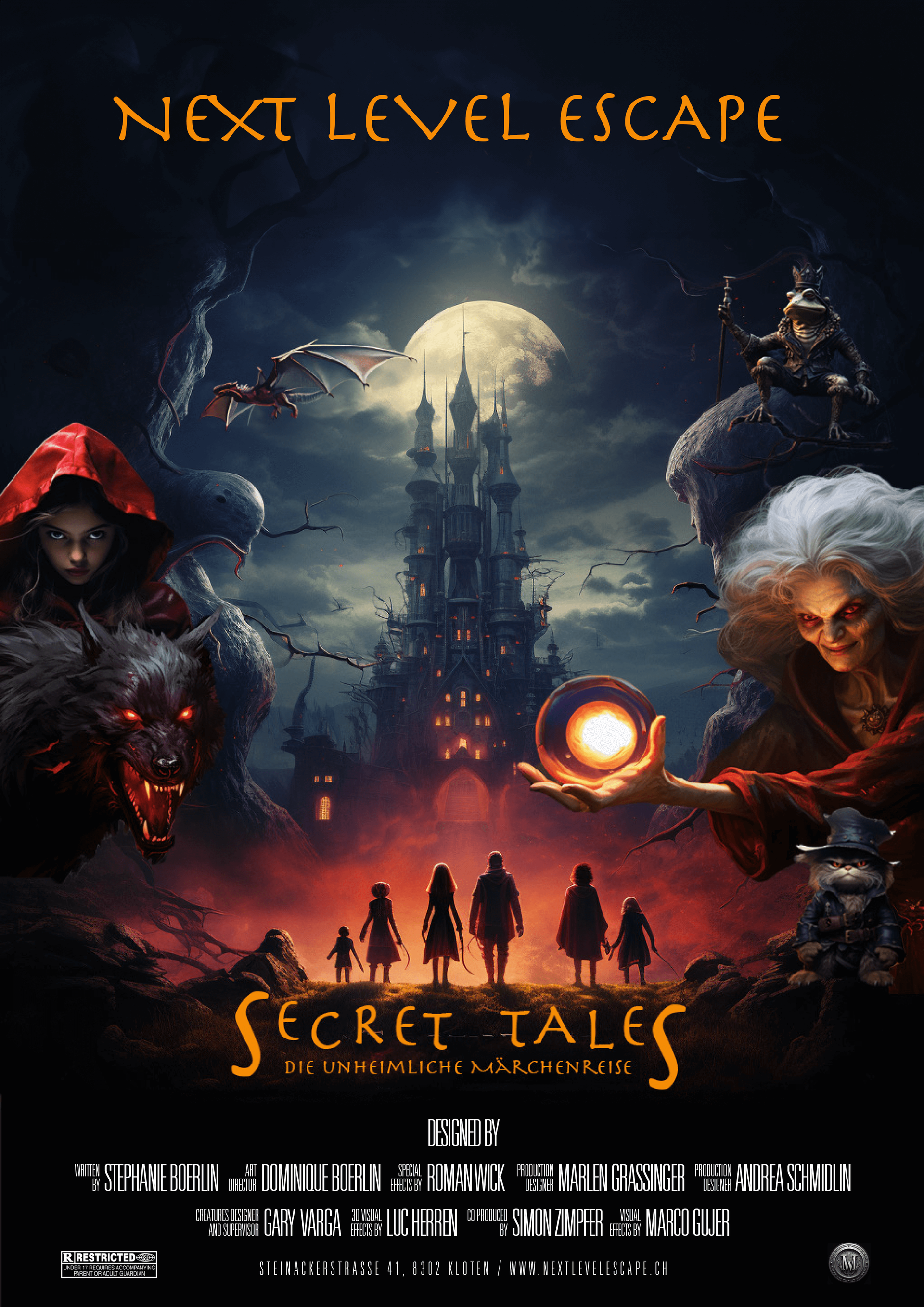 Auf einem Filmplakat zu „The Secret Tales“ ist eine Gruppe von Menschen zu sehen, die vor einem Schloss stehen.