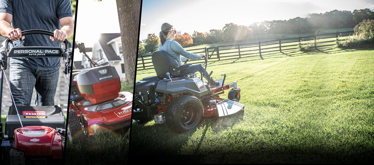 three images, Toro Personal Pace auto-drive mower, Toro walk power mower, Toro Zero Turn Mower mowing large lawn