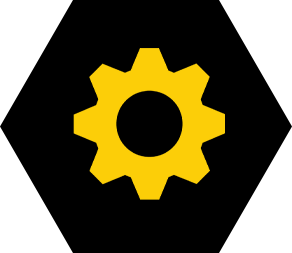 black circle with yellow grass mowers for all icon