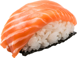 Salmon nigiri sushi on a bed of rice and seaweed. Orange salmon, white rice, and black seaweed.