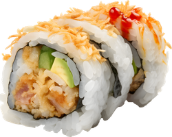 Sushi roll, tempura-fried, avocado, with crispy topping and drizzle of sauce.