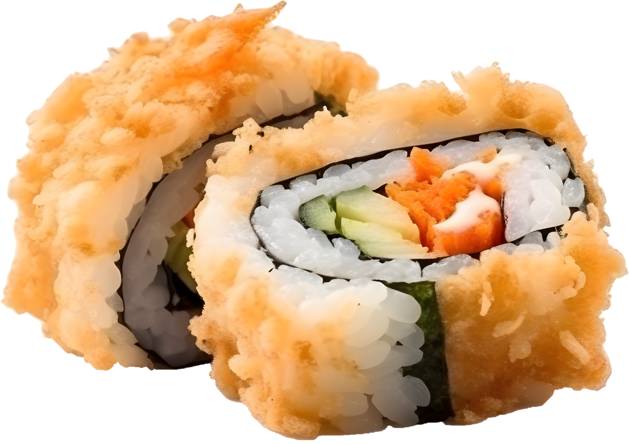 Sushi roll with tempura batter. Contains rice, nori, cucumber, and carrot, with mayonnaise.