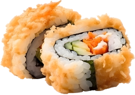 Sushi roll with tempura batter. Contains rice, nori, cucumber, and carrot, with mayonnaise.