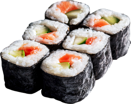 Sushi roll with salmon, cucumber, and nori seaweed.