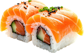 Two sushi rolls: salmon-topped, with salmon and cucumber filling, garnished with black sesame seeds and green onions.