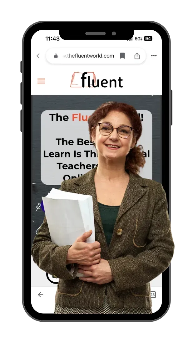 Cell phone  with the fluent world website on it. A woman is standing holding papers popping out of the phone.