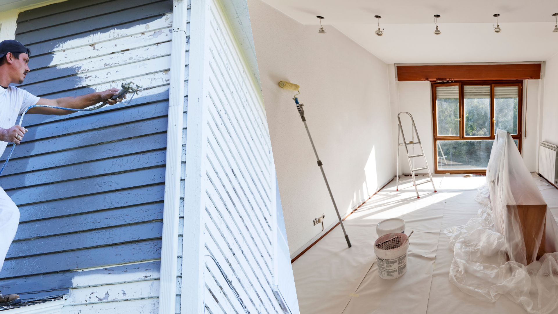 Man spraying exterior siding, room interior being painted white.