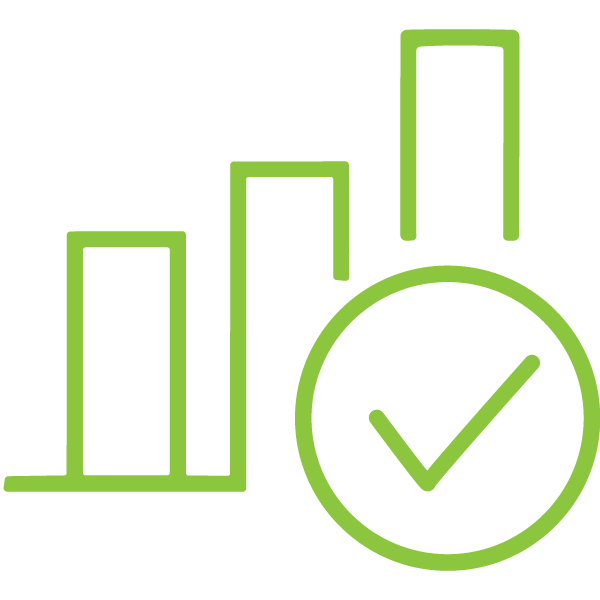 A green icon of a graph with a check mark in the middle.