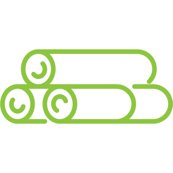 A green icon of three logs stacked on top of each other on a white background.