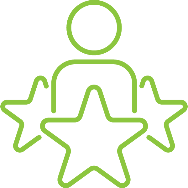 A green line drawing of a person surrounded by three stars.