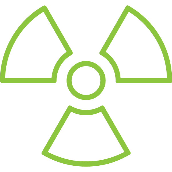 A green line drawing of a radioactive symbol on a white background.