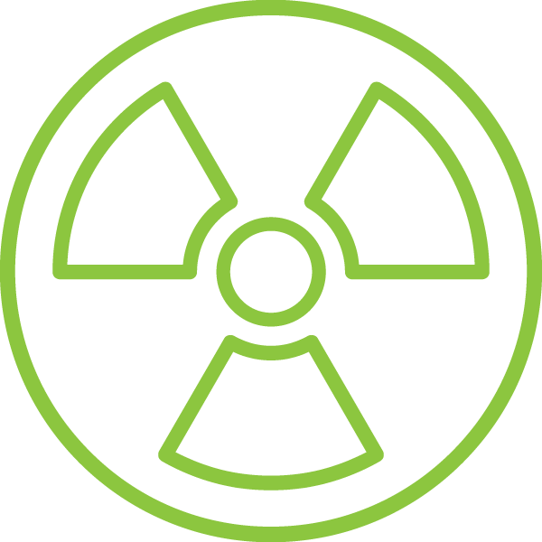 A green nuclear symbol in a circle on a white background.