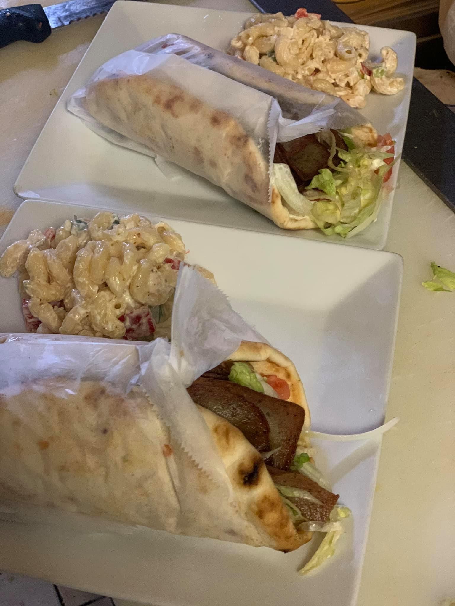 Three Plates Of Food Including Macaroni Salad And Gyros - Mahopac, NY - Our Town Bagels & Bakery