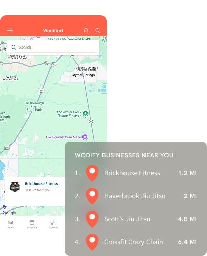 Mobile app displaying a map with nearby fitness businesses listed by distance: Brickhouse, Haverbrook, Scott's, and CrossFit.