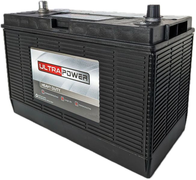 Black Ultra Power heavy-duty car battery with silver label.