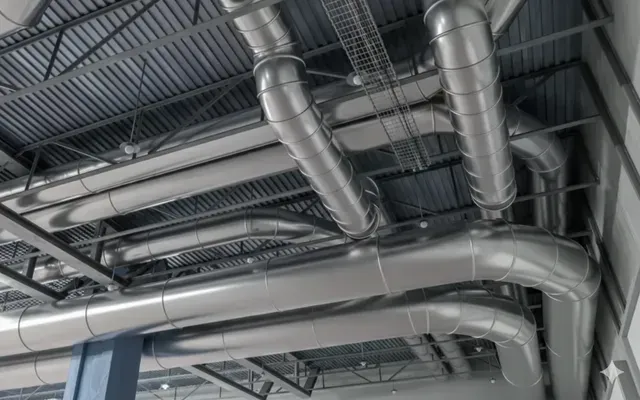 Large silver industrial ventilation ducts suspended from a metal ceiling structure in a commercial building.