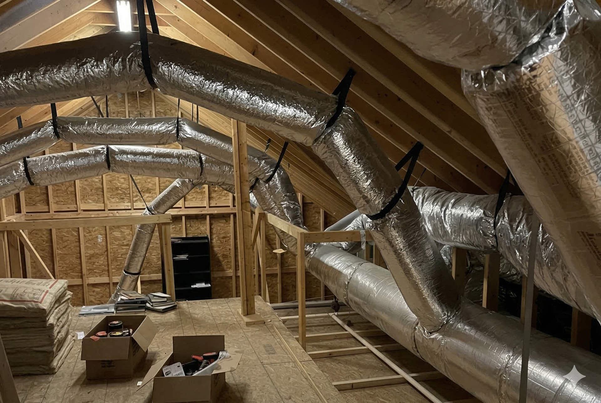 Silver, insulated air ducts suspended from wooden rafters in an unfinished attic space.