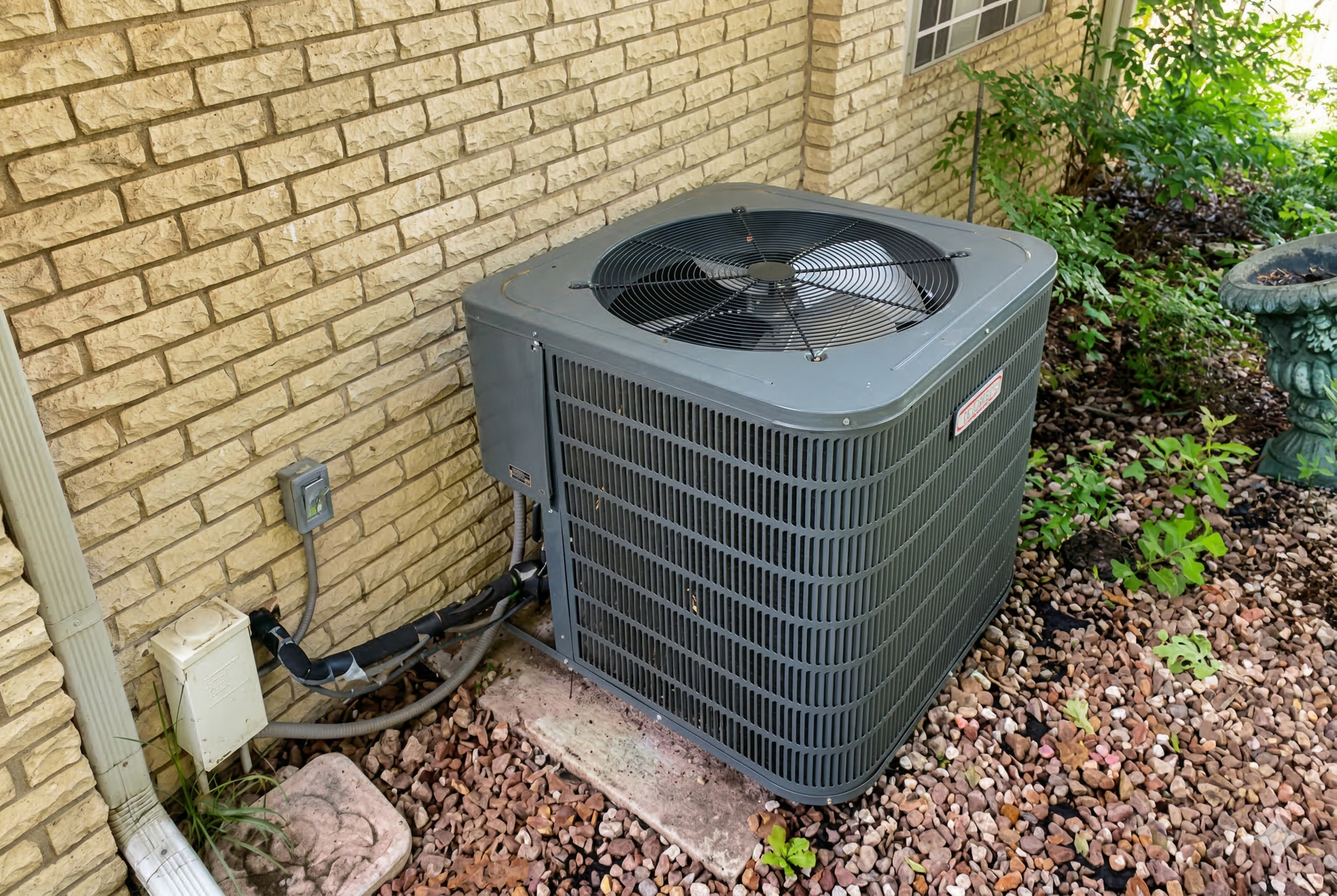 A gray Coleman residential air conditioning unit sits on a concrete pad against a yellow brick wall.