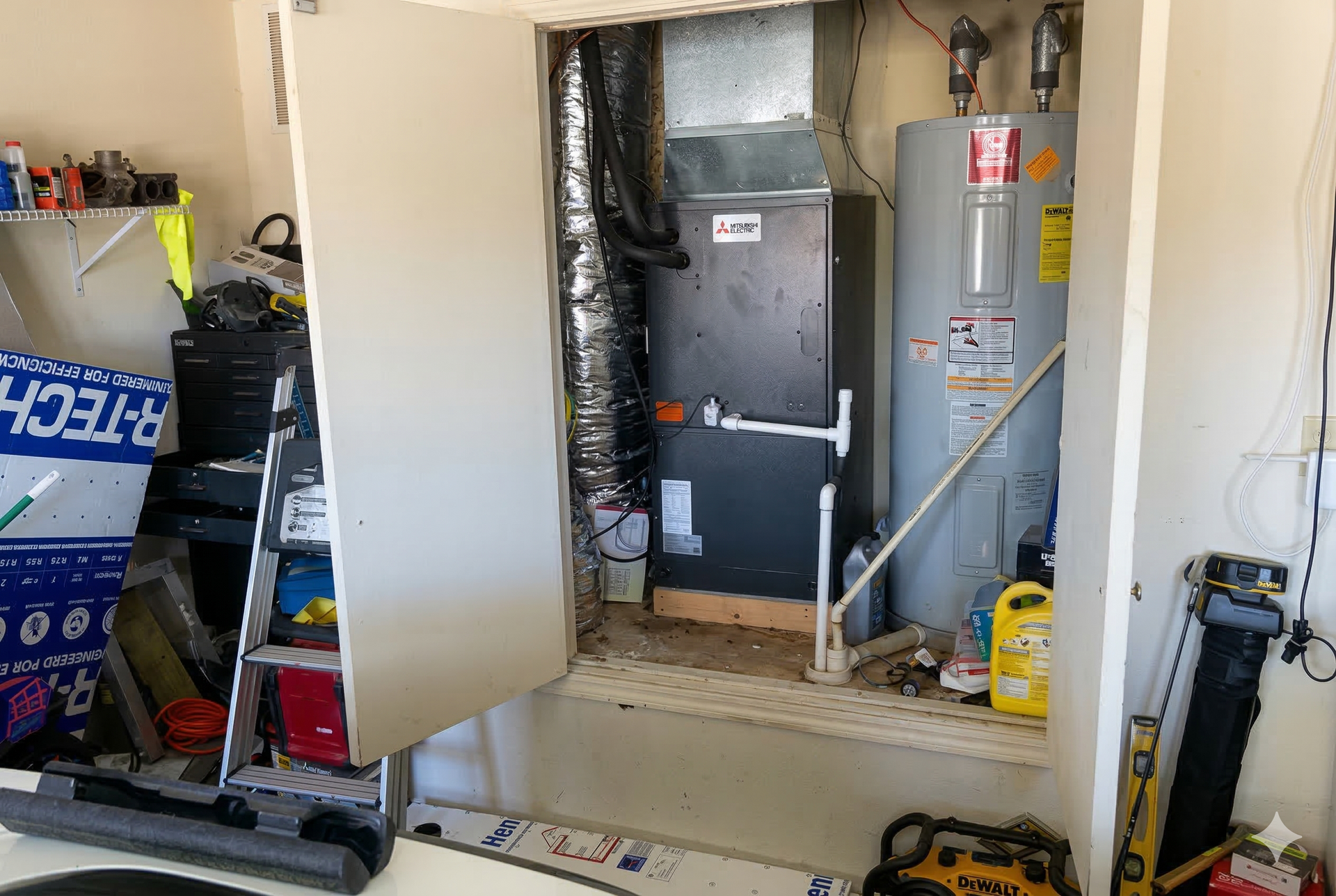 A mechanical closet in a garage containing a furnace unit, water heater, and various tools and supplies.