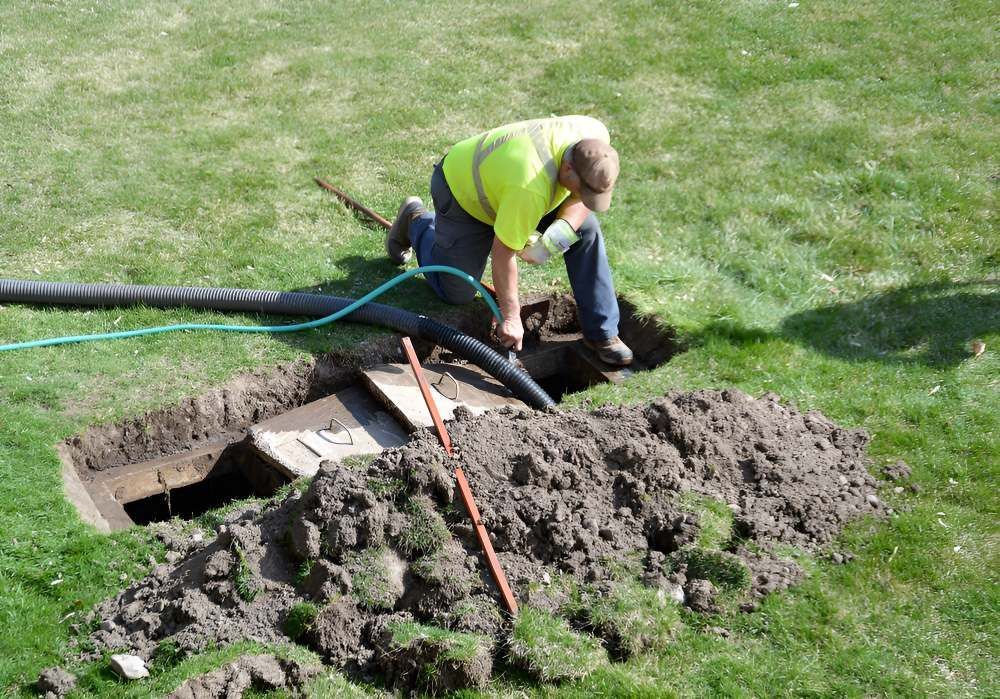 A Man in a Yellow Shirt is Kneeling in the Dirt Next to a Hose — Anderson Waste Services in Moss Vale, NSW