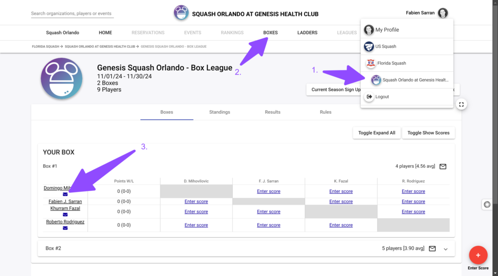 A screenshot of a website with purple arrows pointing to different sections.