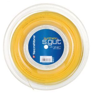 A synthetic s gut tennis string in a clear container