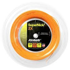 A spool of orange tennis string on a white background.