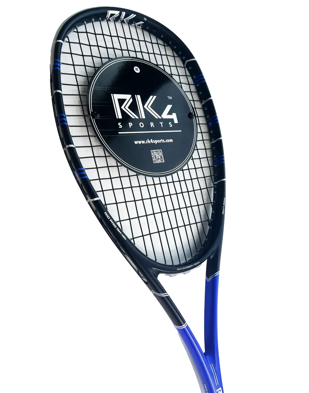 Two squash racquets, one large and one small, blue and black with white grips.