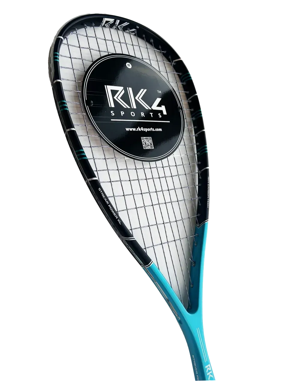 Two turquoise squash rackets, one larger than the other, with black and white stringing, against a white background.