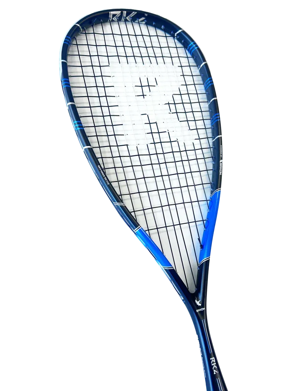 Two squash rackets, one large and one small, both with blue and white frames and stringing.
