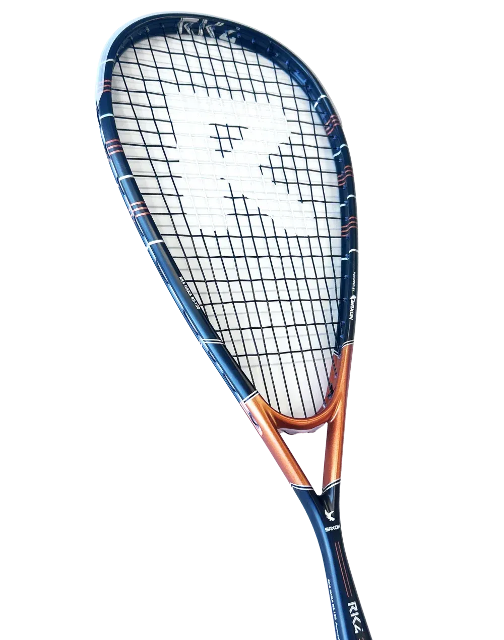 Two squash racquets with blue and copper frames, white grips, and strung nets.