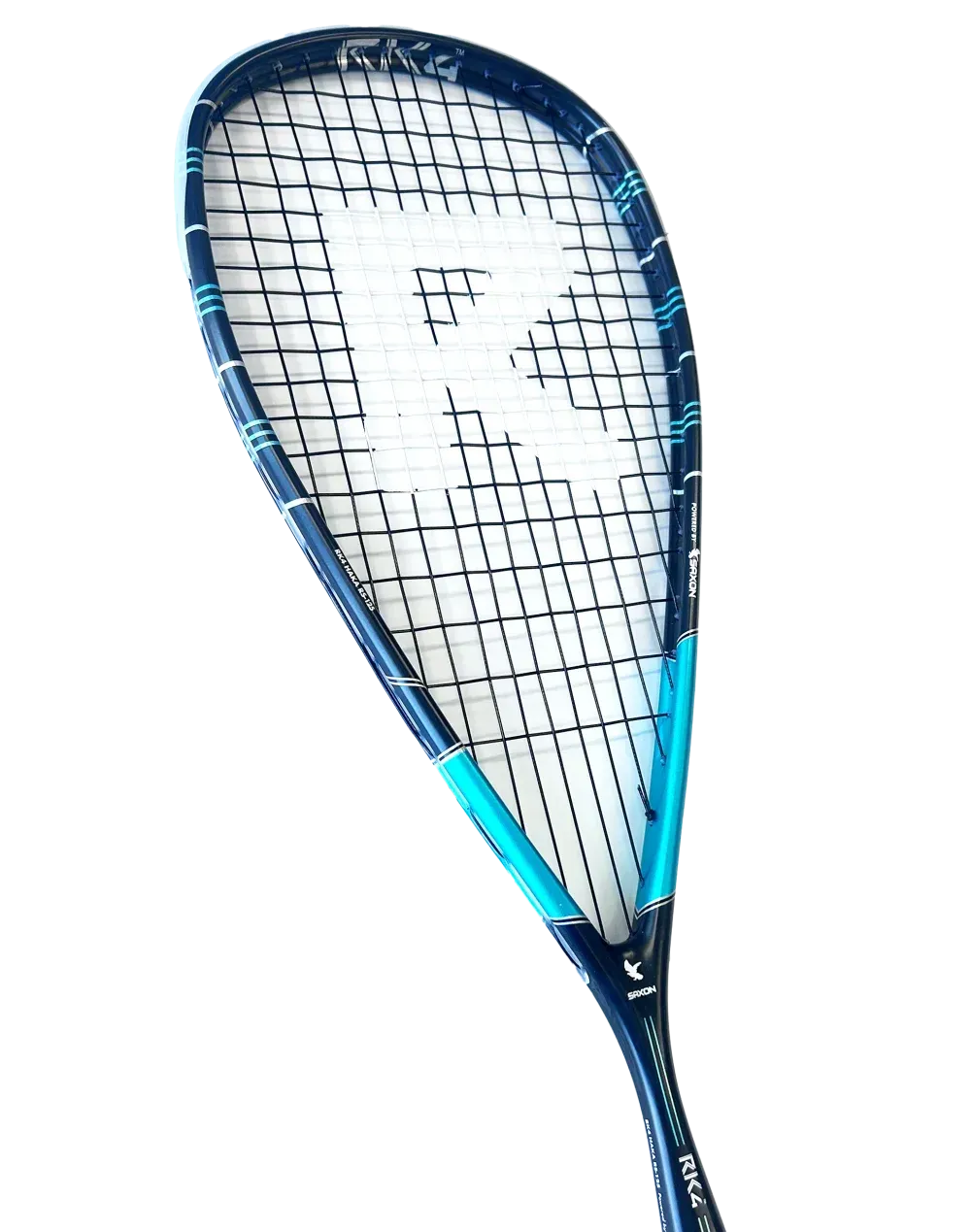 Two squash rackets: large and small, blue and white, on white background.