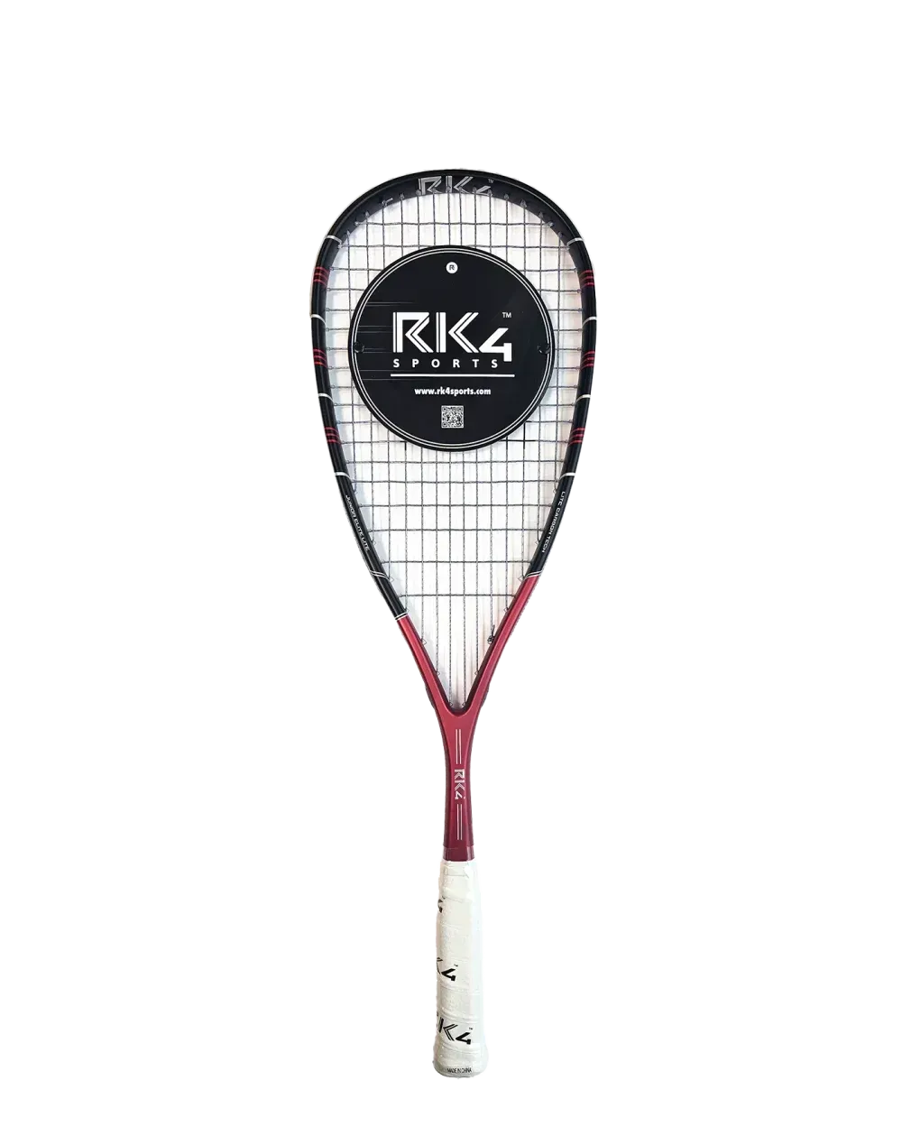 Squash racquet with black frame and burgundy handle, featuring RKZ Sports branding.