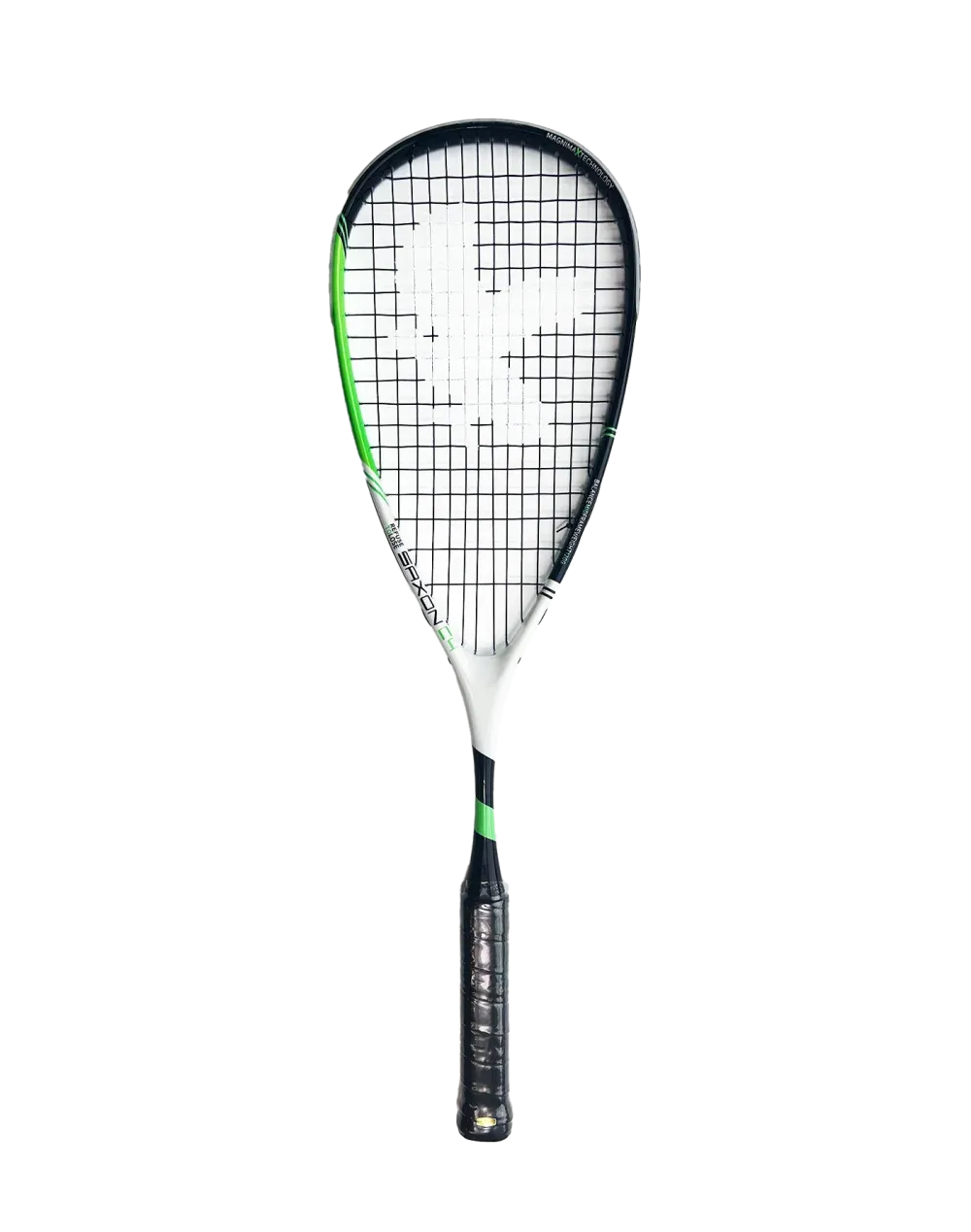 Two squash rackets, white and black with green accents. One is larger, the other smaller.