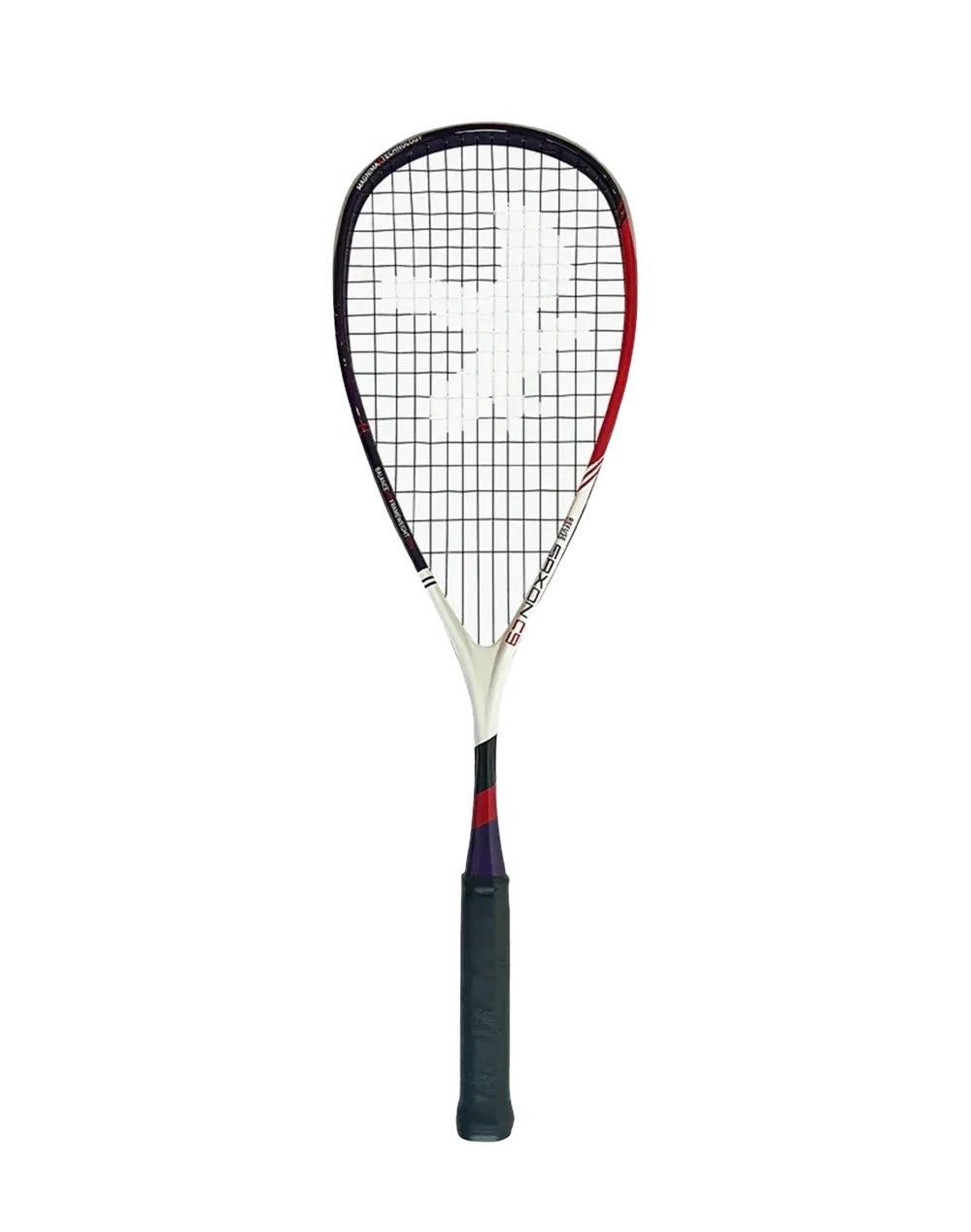 Two squash rackets, one large and one small, white, black, and red.