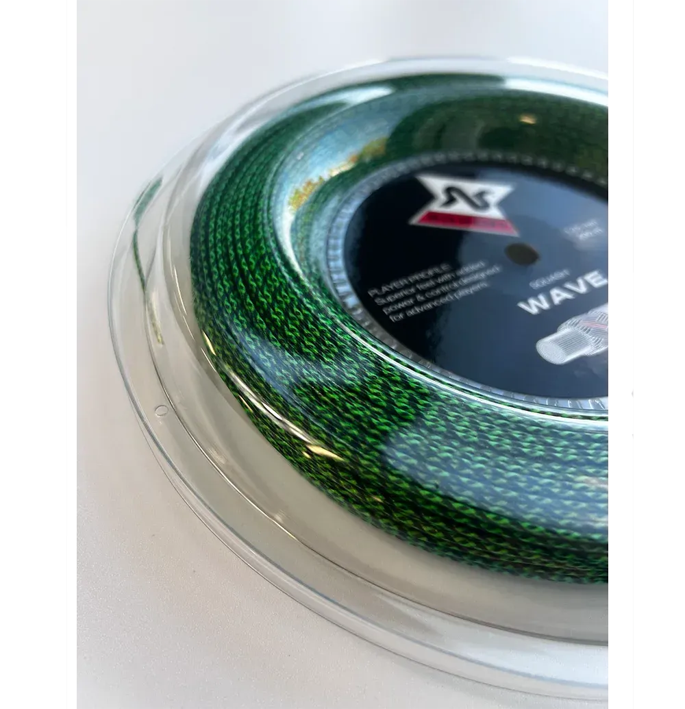 Spool of green tennis string in clear packaging, branded with a red and white logo.