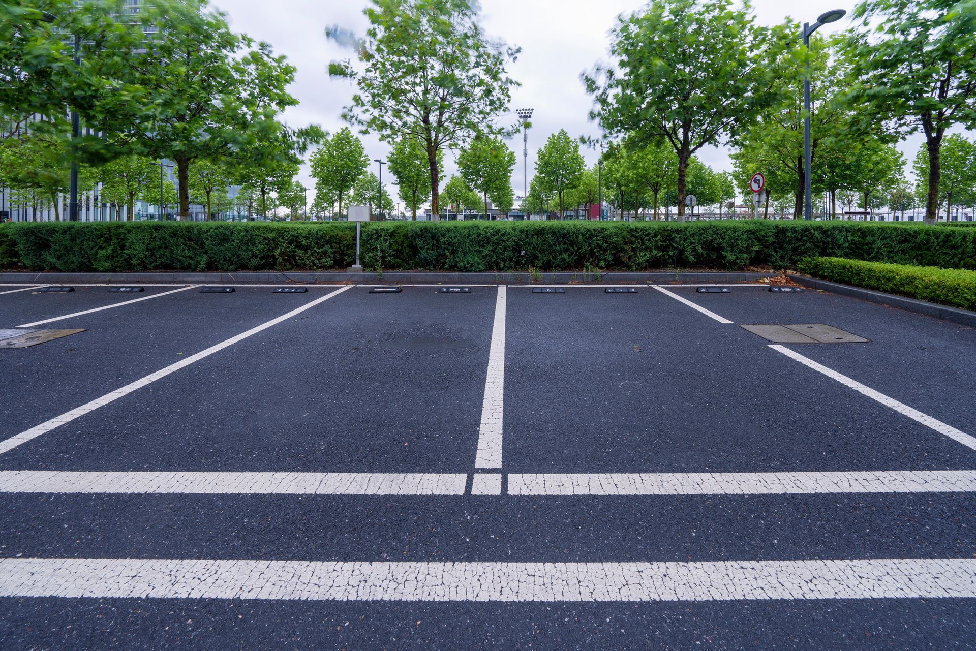 An empty parking lot with trees in the background