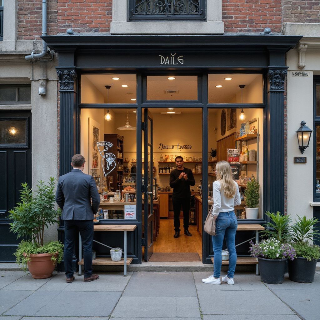 A coffee shop storefront with customers, including a man in a suit and a woman in jeans; interior visible.