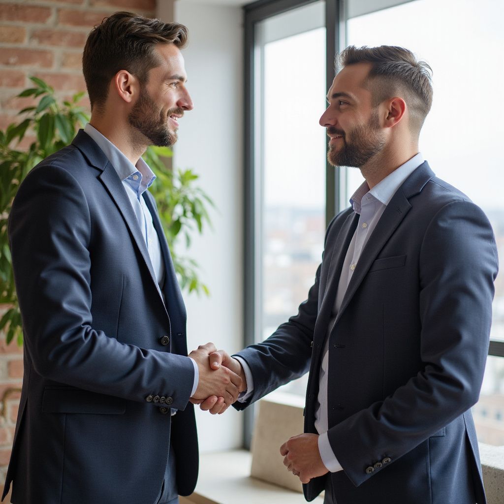Two men in suits shaking hands, smiling, in a well-lit office.