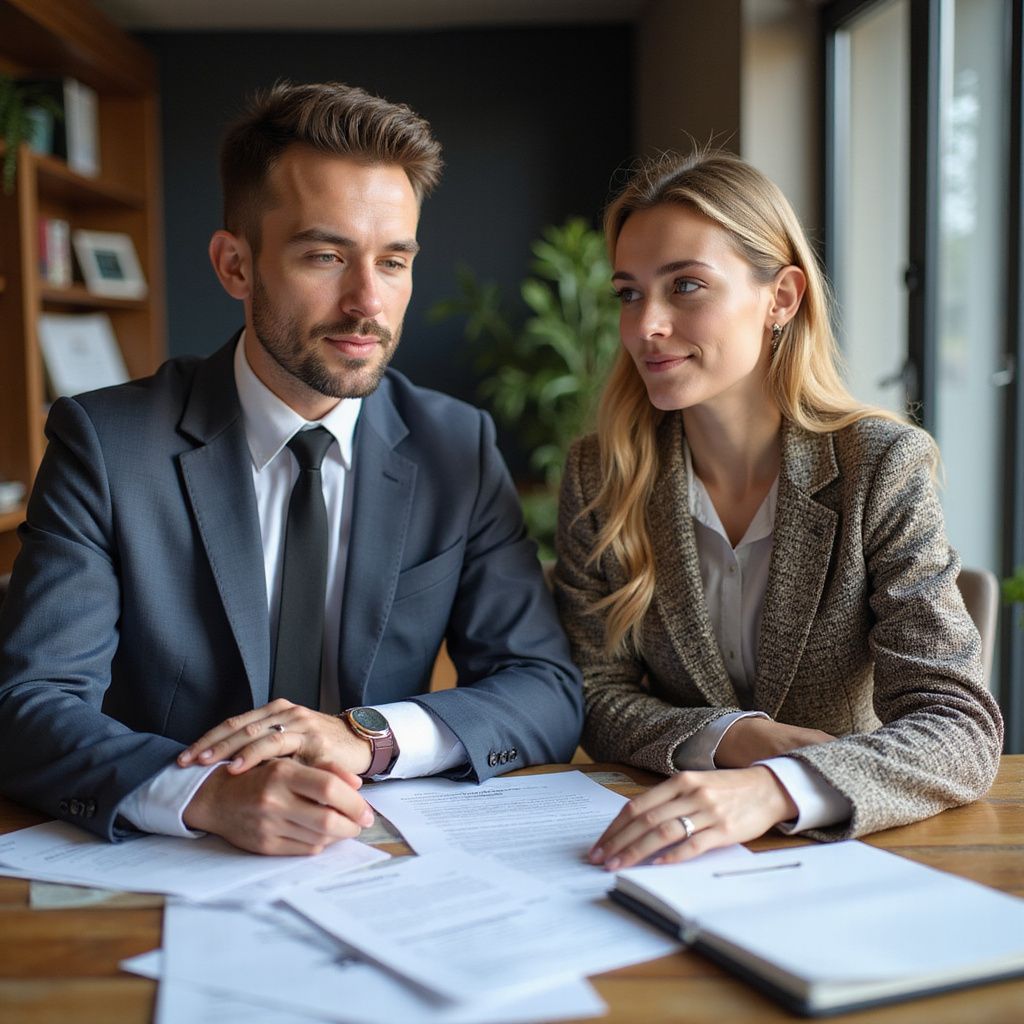 Man and woman in suits reviewing documents at a table.