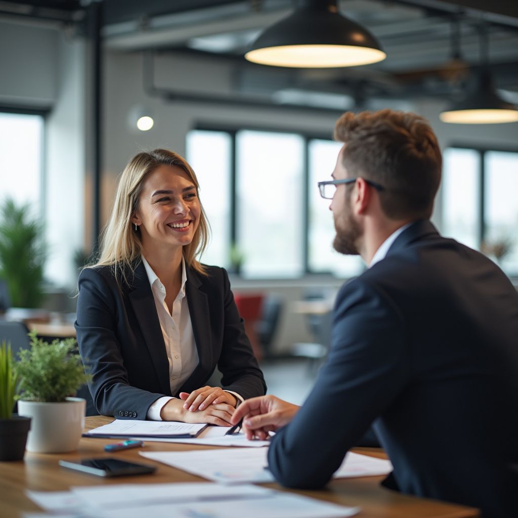 Woman and man in suits at a table, smiling and looking at each other, papers in front of them in a brightly lit office.