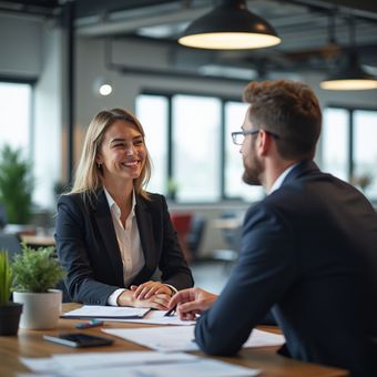 Woman and man in suits at a table, smiling and looking at each other, papers in front of them in a brightly lit office.