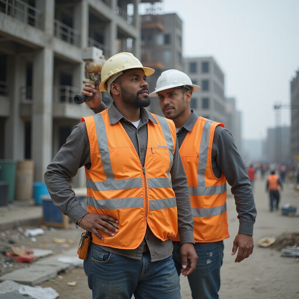 Two construction workers wearing hard hats and orange safety vests on a construction site.