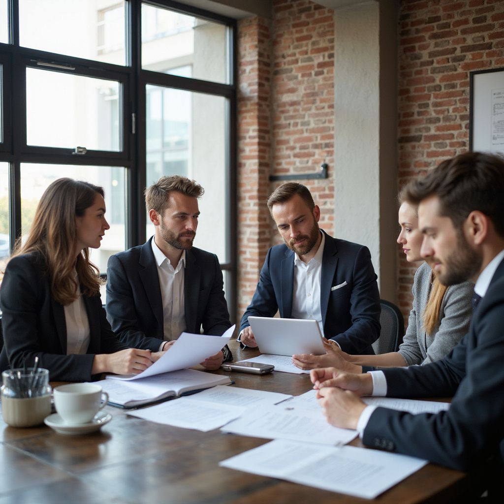 Business team reviewing documents at a table.