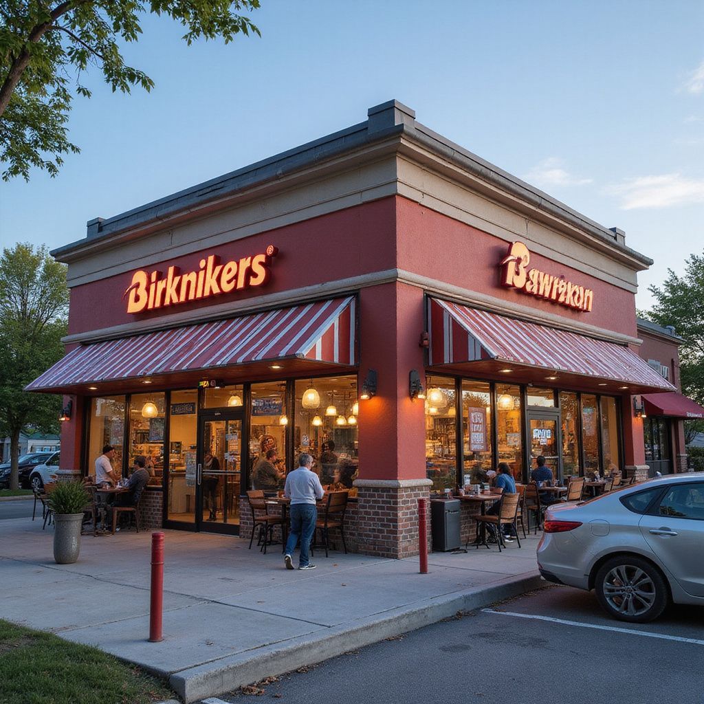 Birkknikers restaurant exterior with red and white awnings, customers seated at tables, and a parked car.