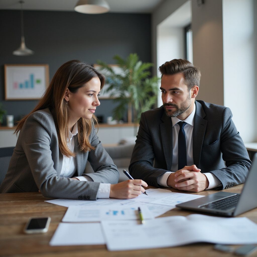 Woman and man in suits reviewing documents at a table. Laptop, phone, and pens present.